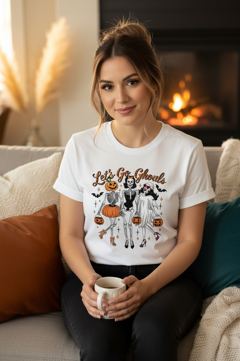 Let's Go Ghouls graphic tee lifestyle mockup - woman wearing white tee in cozy home setting