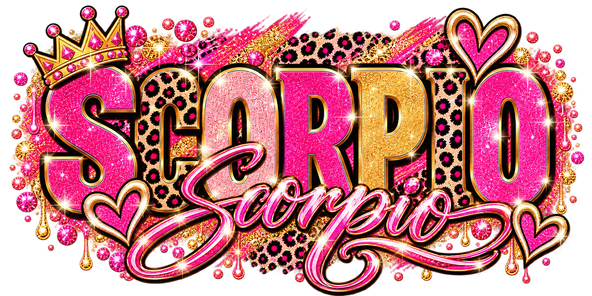Pink and gold glitter Scorpio wordmark with leopard print, hearts, and crown