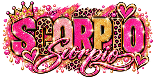 Pink and gold glitter Scorpio wordmark with leopard print, hearts, and crown