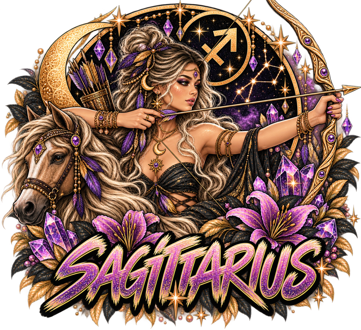 Moonlit archer with bow and horse framed by purple lilies, crystals, stars, and crescent moon