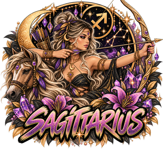 Moonlit archer with bow and horse framed by purple lilies, crystals, stars, and crescent moon