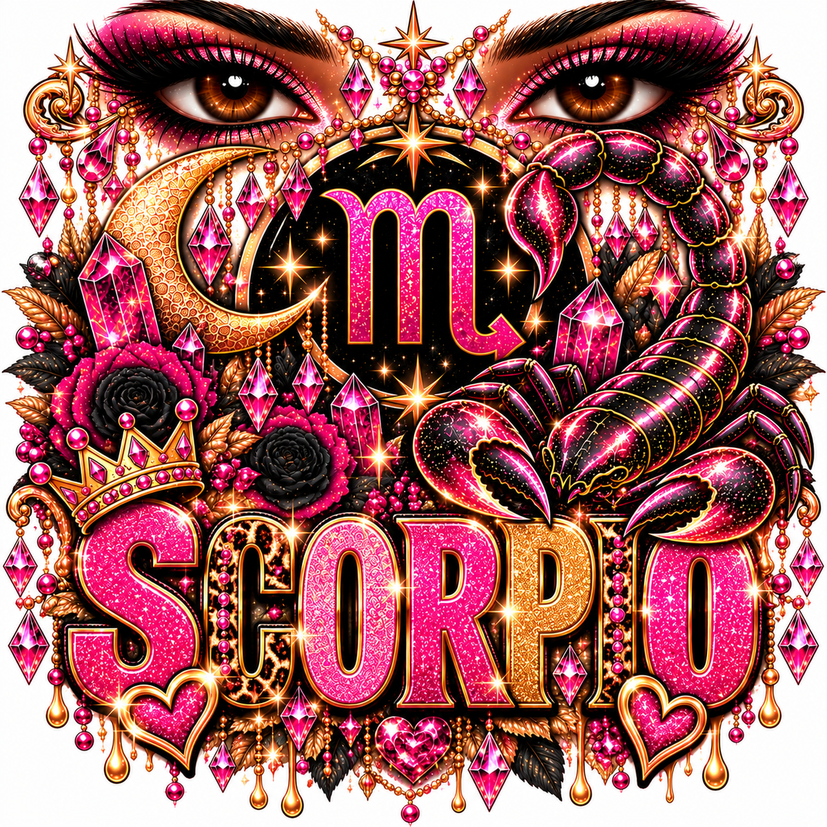Pink and gold jeweled Scorpio zodiac design with crescent moon, scorpion, and sparkling gems