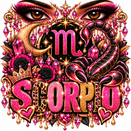 Pink and gold jeweled Scorpio zodiac design with crescent moon, scorpion, and sparkling gems