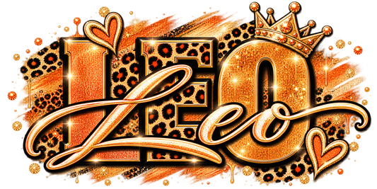 Gold glitter wordmark with leopard print, script underline, jeweled hearts, and crown