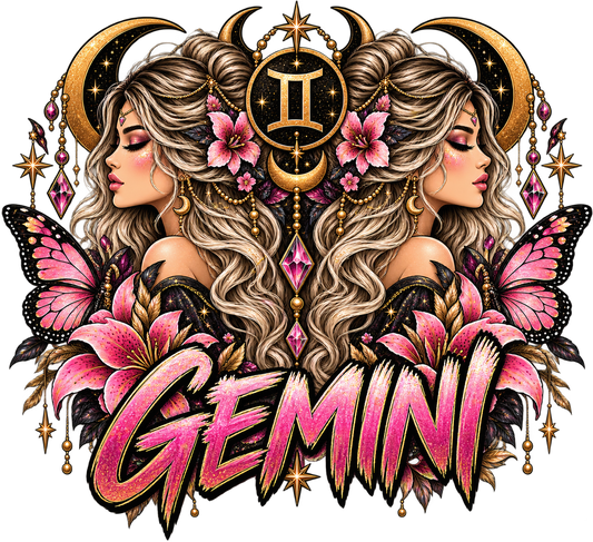 Mirrored celestial queens with pink butterflies, lilies, golden moons, and gems