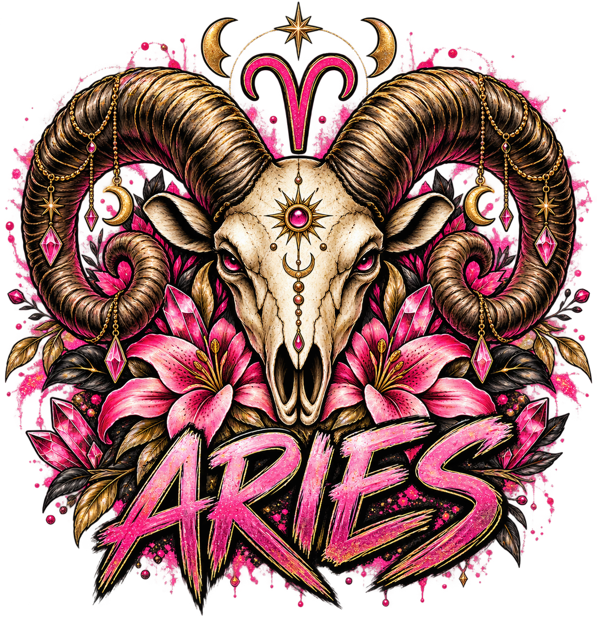 Jeweled ram skull with pink lilies, gold moon charms, and brush lettering