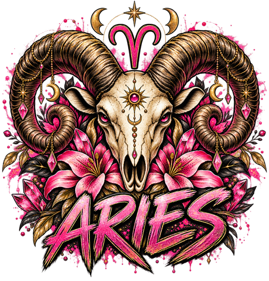 Jeweled ram skull with pink lilies, gold moon charms, and brush lettering