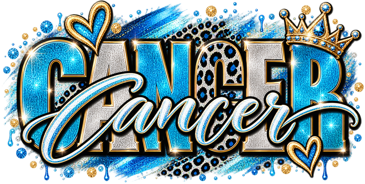 Sapphire and silver glitter wordmark with blue leopard print, script underline, hearts, and crown