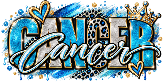 Sapphire and silver glitter wordmark with blue leopard print, script underline, hearts, and crown