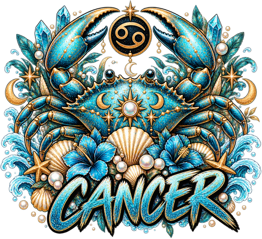 Gem-crusted blue crab with pearls, golden moons, hibiscus flowers, and seashells