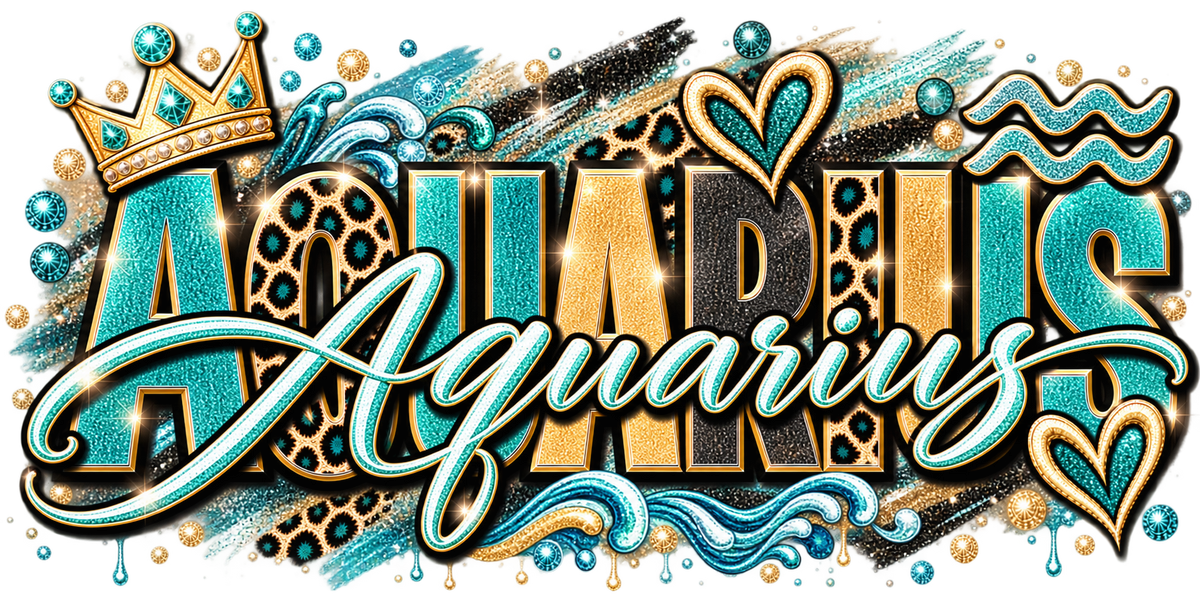 Teal and gold glitter wordmark with leopard print, waves, script underline, hearts, and crown