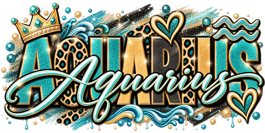 Teal and gold glitter wordmark with leopard print, waves, script underline, hearts, and crown