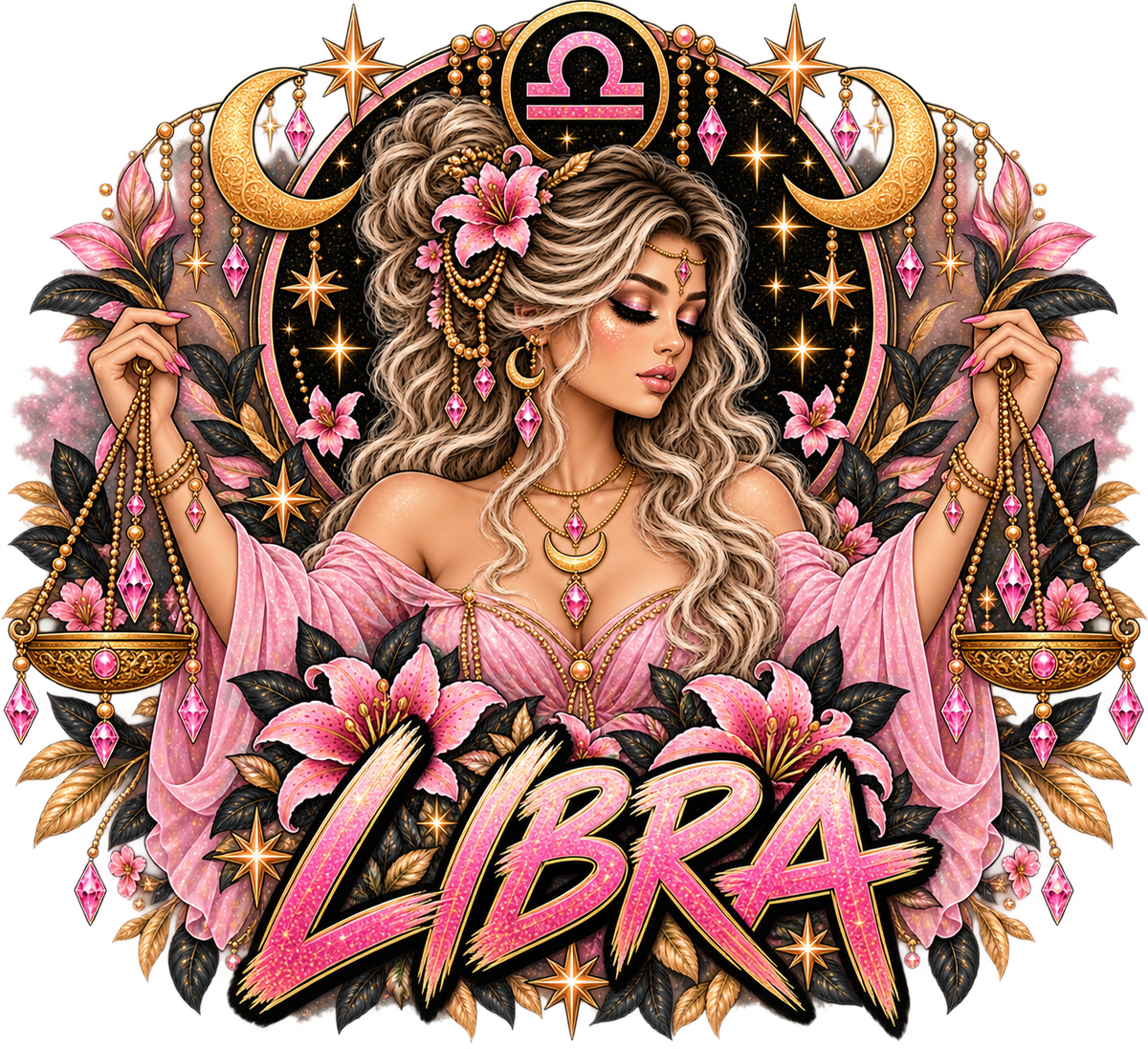 Jeweled pink goddess holding golden scales with moons, lilies, and gems
