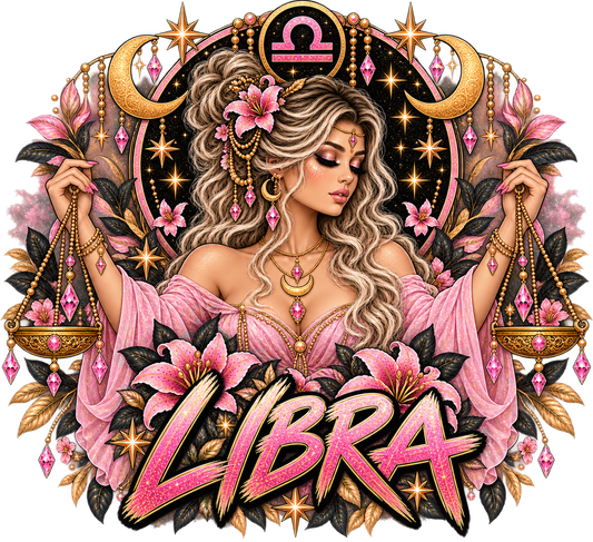 Jeweled pink goddess holding golden scales with moons, lilies, and gems