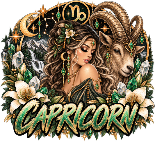 Woman and mountain goat among pines, waterfall, white lilies, emerald crystals, and crescent moon