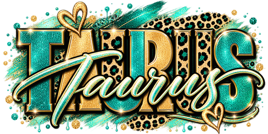 Emerald and gold glitter wordmark with leopard print, script underline, and gold hearts