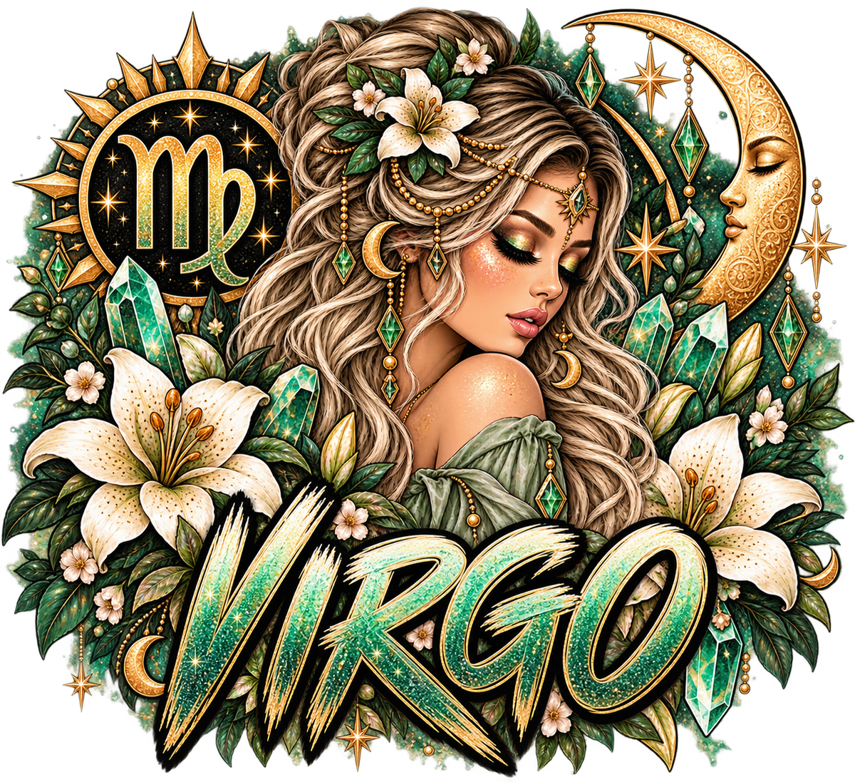 Jeweled maiden with white lilies, golden crescent moon, stars, and emerald crystals