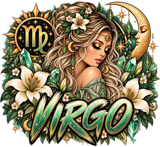 Jeweled maiden with white lilies, golden crescent moon, stars, and emerald crystals