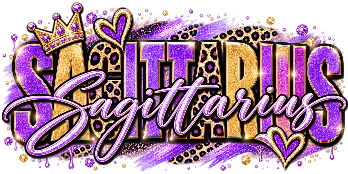 Purple and gold glitter wordmark with leopard print, script underline, hearts, and crown