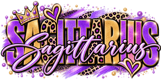 Purple and gold glitter wordmark with leopard print, script underline, hearts, and crown