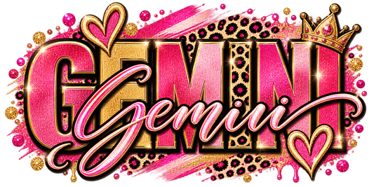 Pink and gold glitter wordmark with leopard print, script underline, hearts, and crown