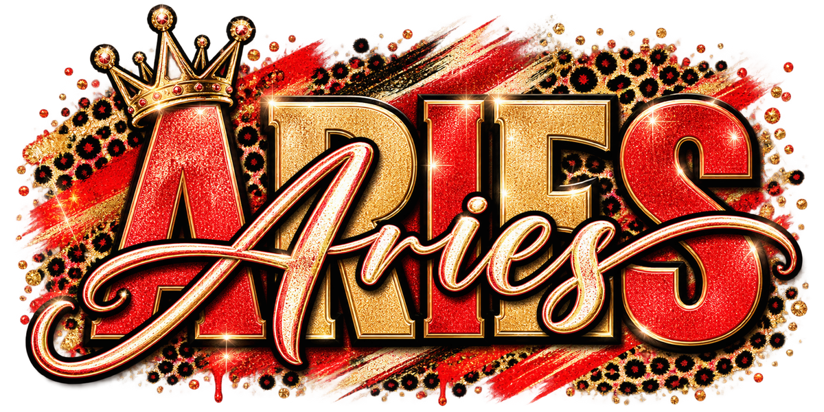 Red and gold glitter Aries wordmark with leopard print hearts and jeweled crown