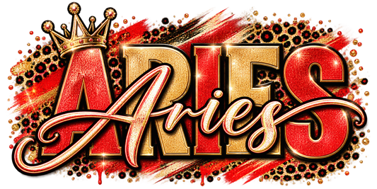 Red and gold glitter Aries wordmark with leopard print hearts and jeweled crown