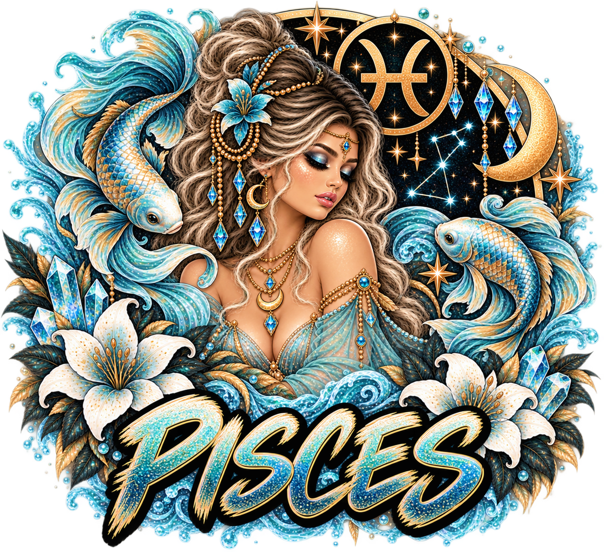 Woman among twin koi fish and aqua waves with white lilies, crystals, stars, and crescent moon