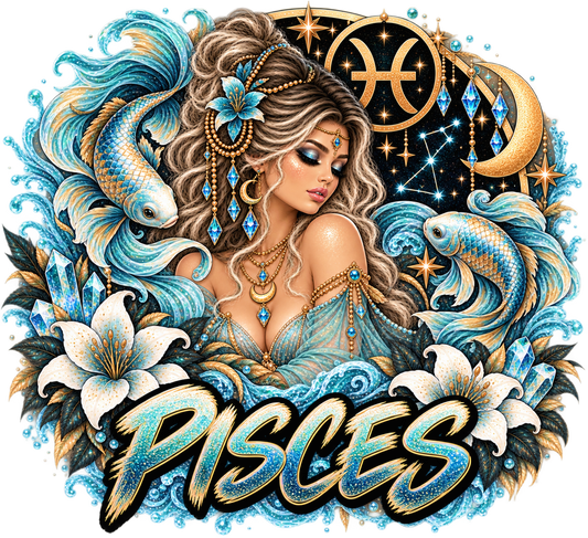 Woman among twin koi fish and aqua waves with white lilies, crystals, stars, and crescent moon