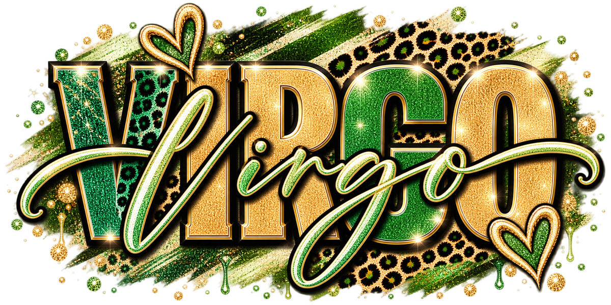 Deep green and gold glitter wordmark with leopard print, script underline, and jeweled hearts