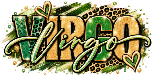 Deep green and gold glitter wordmark with leopard print, script underline, and jeweled hearts