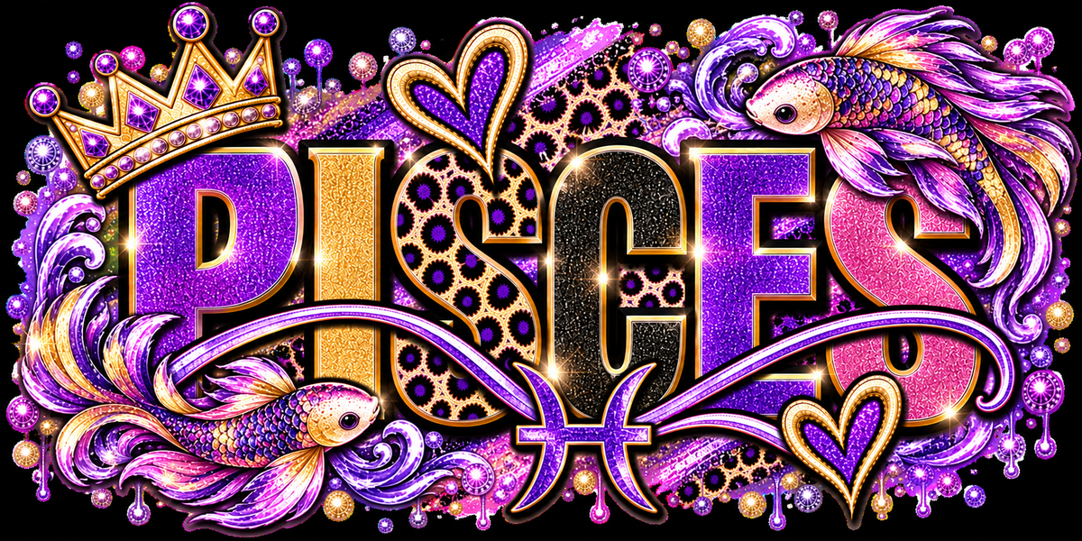 Purple and gold leopard wordmark with koi fish, waves, hearts, and crown
