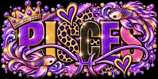 Purple and gold leopard wordmark with koi fish, waves, hearts, and crown