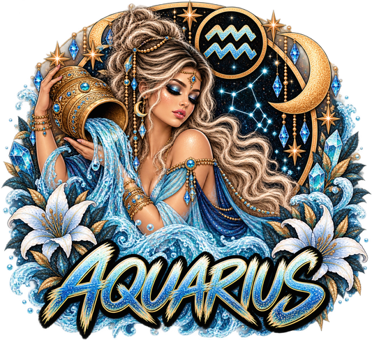 Woman pouring water from jeweled golden urn among white lilies, sapphire crystals, stars, and crescent moon