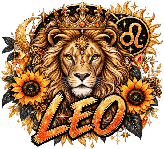 Crowned jeweled lion with sunflowers, sun and moon, and gold brush lettering