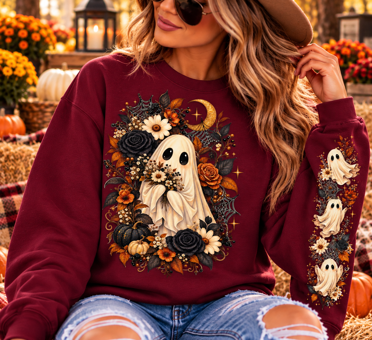 Floral Moon Ghost Sleeve Crewneck
