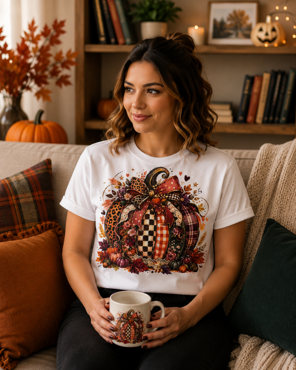 Fall Pumpkin graphic tee lifestyle mockup - woman wearing white tee in cozy fall home setting