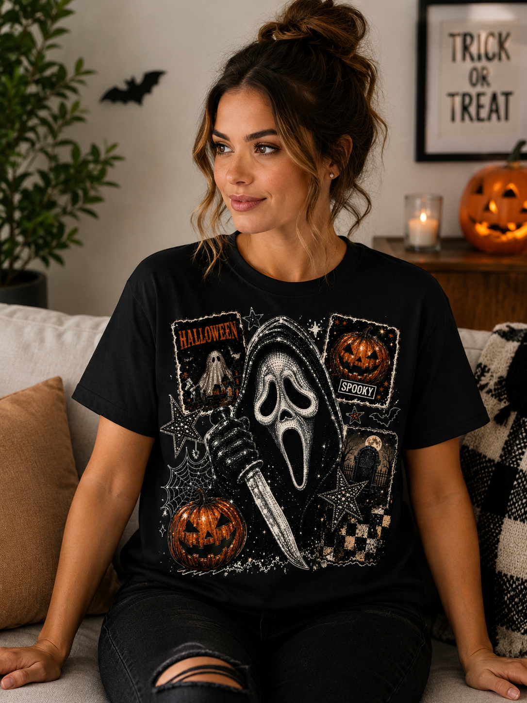 Ghostface Halloween Collage graphic tee 2 lifestyle mockup - woman wearing black tee in Halloween home setting