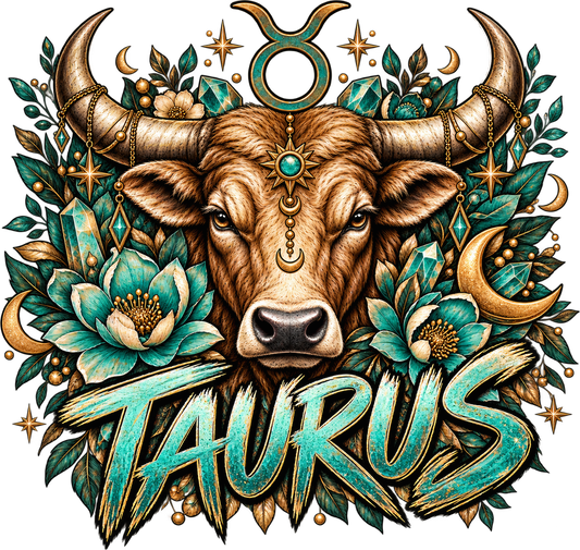 Jeweled bull head with emerald flowers, gold moons, and teal brush lettering