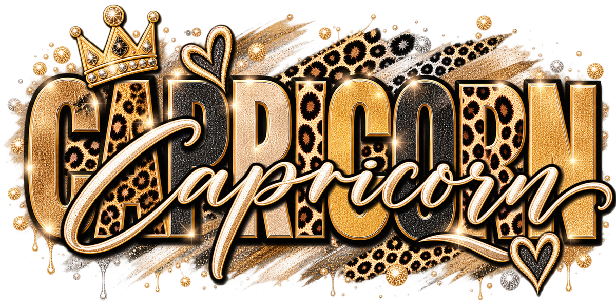 Black and gold glitter wordmark with classic leopard print, script underline, hearts, and crown
