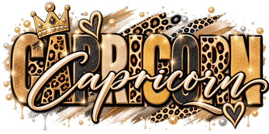 Black and gold glitter wordmark with classic leopard print, script underline, hearts, and crown