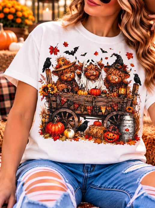 Halloween Highland Cow Wagon Graphic Tee