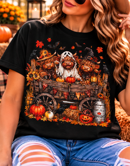 Halloween Highland Cow Wagon Graphic Tee