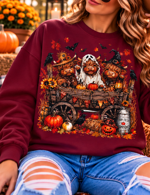 Halloween Highland Cow Wagon Graphic Tee
