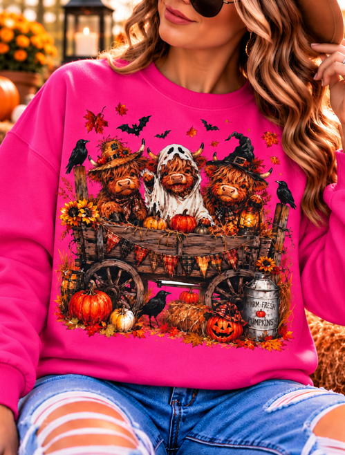 Halloween Highland Cow Wagon Graphic Tee