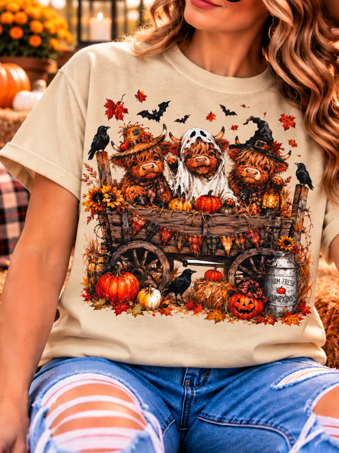 Halloween Highland Cow Wagon Graphic Tee
