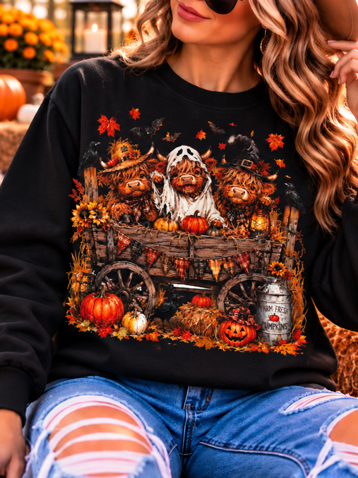 Halloween Highland Cow Wagon Graphic Tee
