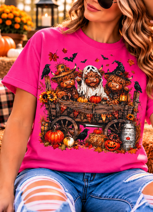Halloween Highland Cow Wagon Graphic Tee