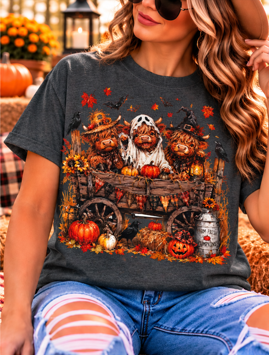 Halloween Highland Cow Wagon Graphic Tee