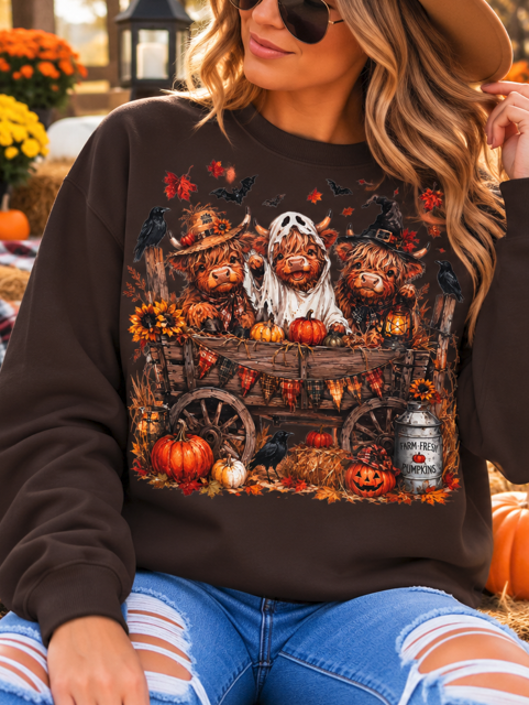 Halloween Highland Cow Wagon Graphic Tee